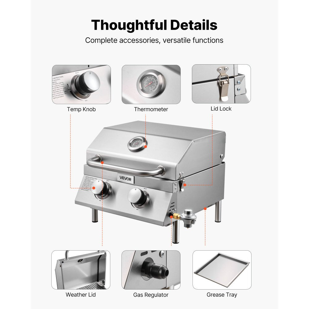 VEVOR Tabletop Gas Grill, 2-Burner Stainless Steel Portable Propane Grill, with Built-in Thermometer, Travel Locks, Weatherproof Lid, 15,000 BTU Total, for Outdoor Cooking, Patio, Party, Camping, RV