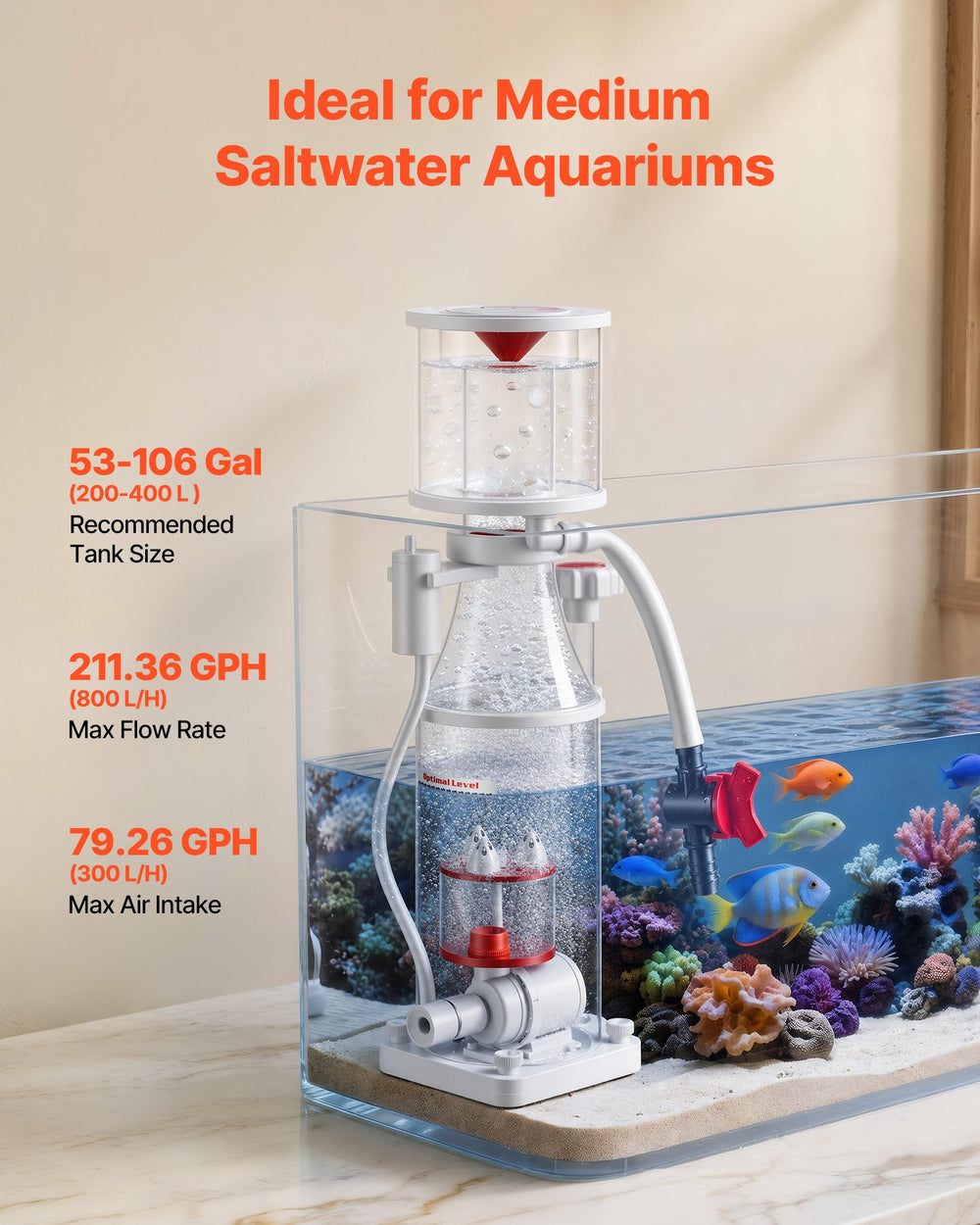 VEVOR Protein Skimmer for 53-106 Gal Saltwater Aquariums Internal with Pump, Protein Skimmer with DC Pinwheel Pump, Adjustable Control, Air Silencer, for 53-106 Gallon Saltwater Aquariums & Reef Tank