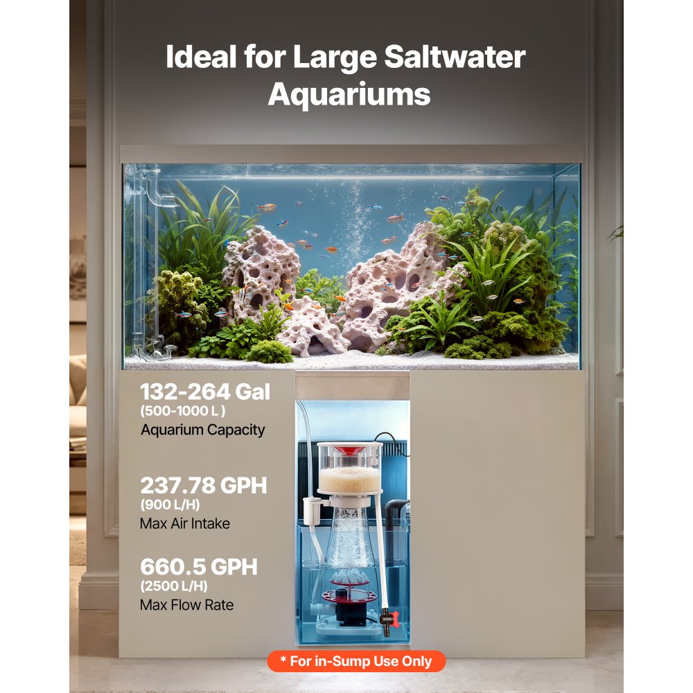VEVOR Protein Skimmer for 132-264 Gal Saltwater Aquariums In Sump with Pump, Protein Skimmer with DC Pinwheel Pump, Adjustable Control, for 132-264 Gal Saltwater Aquarium & Reef Tank, In Sump Use Only
