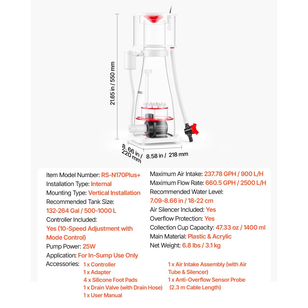 VEVOR Protein Skimmer for 132-264 Gal Saltwater Aquariums In Sump with Pump, Protein Skimmer with DC Pinwheel Pump, Adjustable Control, for 132-264 Gal Saltwater Aquarium & Reef Tank, In Sump Use Only