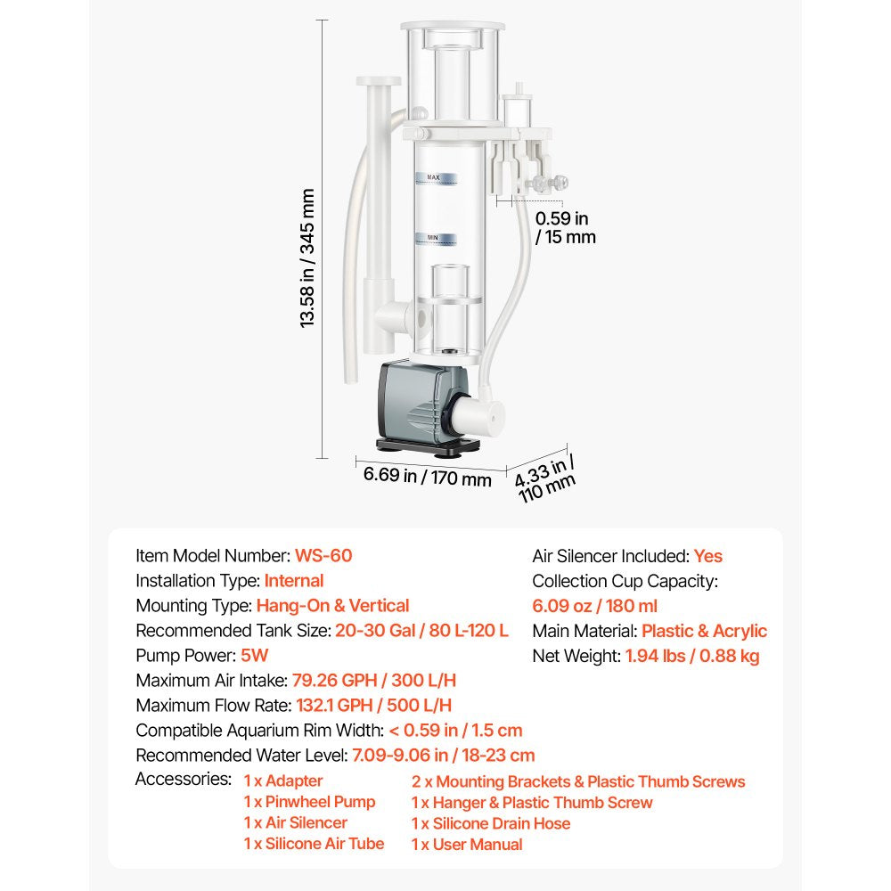 VEVOR Protein Skimmer for 20-30 Gal Saltwater Aquarium Hang On with DC Pump, Protein Skimmer with DC Pinwheel Pump, Adjustable Control, for 20-30 Gallon Small Saltwater Aquariums & Reef Tank Fish Tank