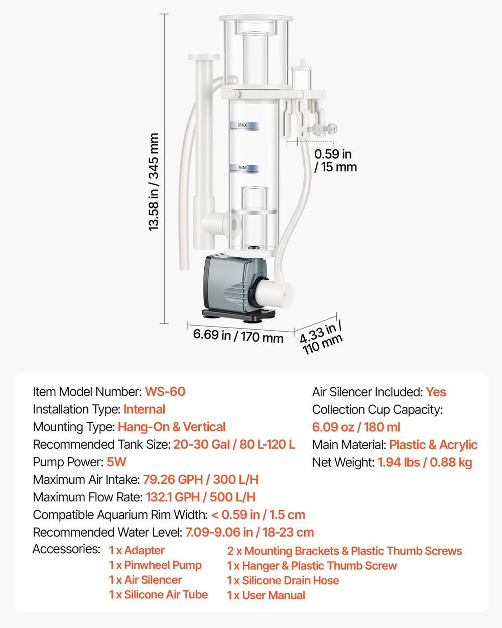 VEVOR Protein Skimmer for 20-30 Gal Saltwater Aquarium Hang On with DC Pump, Protein Skimmer with DC Pinwheel Pump, Adjustable Control, for 20-30 Gallon Small Saltwater Aquariums & Reef Tank Fish Tank