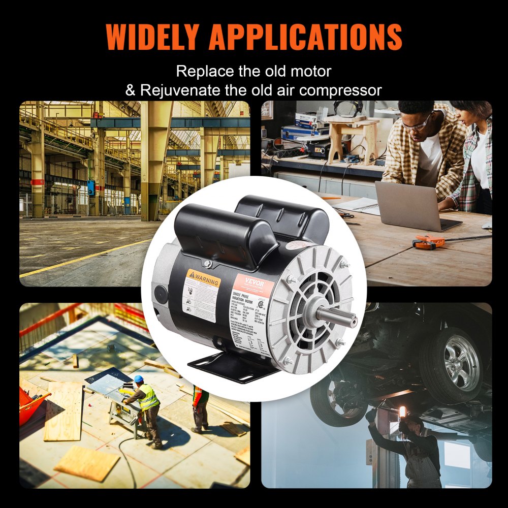 VEVOR 2HP SPL Air Compressor Electric Motor, 115/230V, 20/10 Amps, 56 Frame 3450RPM, 5/8" Keyed Shaft, 1.88" Shaft Length, Single Phase, CCW/CW (Factory Setting is CCW)