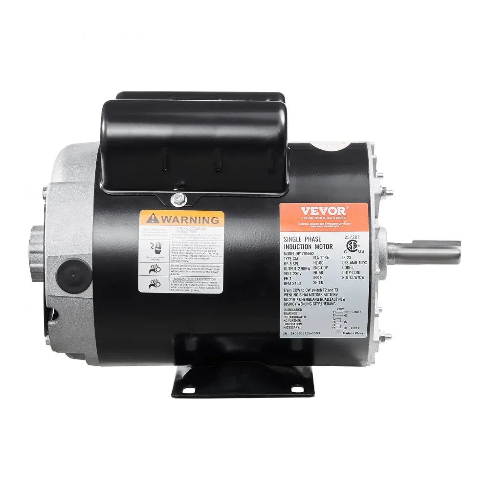 VEVOR 5HP SPL Air Compressor Electric Motor, 230V 17.6Amps, 56 Frame 3450RPM, 5/8" Keyed Shaft, 1.88" Shaft Length, CW/CCW Rotation (Factory Setting is CCW), Single Phase