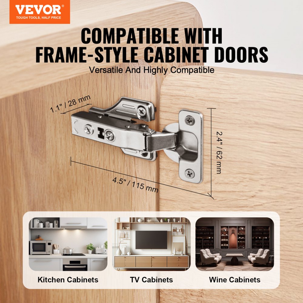 VEVOR Cabinet Hinges, 40 Packs Full Overlay Kitchen Cabinet Door Hinges, 100 Degree Opening Angel Soft Close Concealed Cupboard Hinges for Framed + Frameless Cabinet Type, with Mounting Screws
