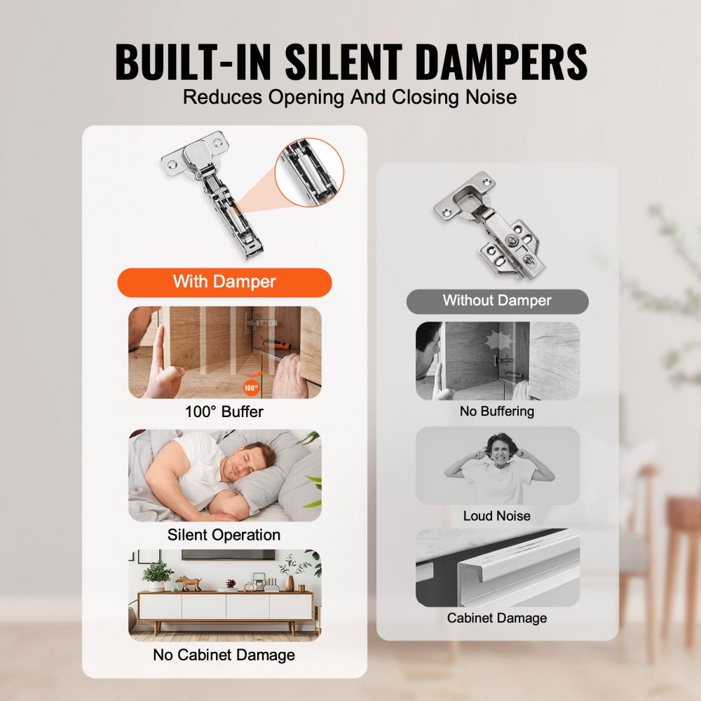 VEVOR Cabinet Hinges, 40 Packs Full Overlay Kitchen Cabinet Door Hinges, 100 Degree Opening Angel Soft Close Concealed Cupboard Hinges for Framed + Frameless Cabinet Type, with Mounting Screws