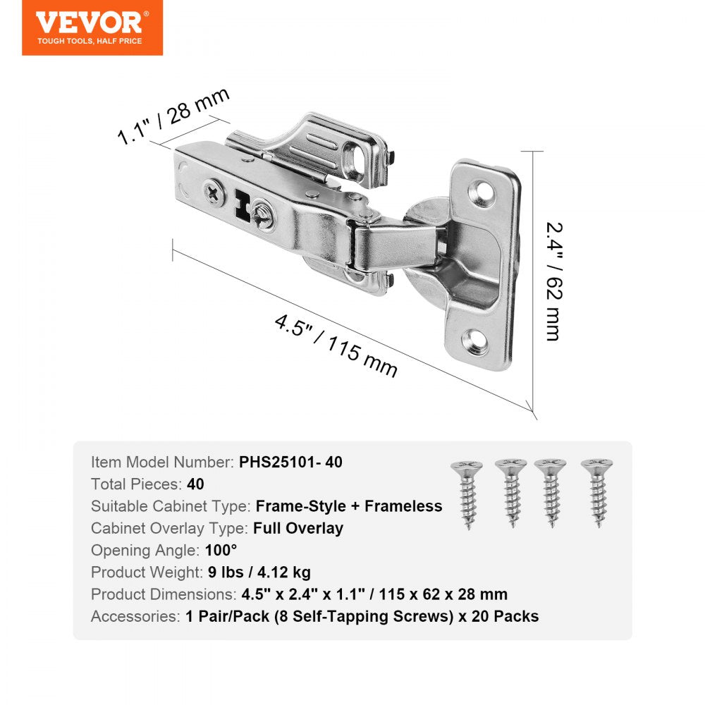 VEVOR Cabinet Hinges, 40 Packs Full Overlay Kitchen Cabinet Door Hinges, 100 Degree Opening Angel Soft Close Concealed Cupboard Hinges for Framed + Frameless Cabinet Type, with Mounting Screws