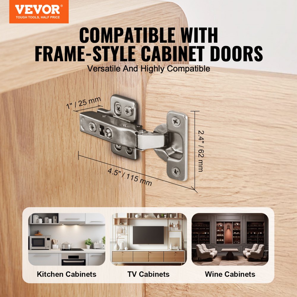 VEVOR Cabinet Hinges, 50 Packs Full Overlay Kitchen Cabinet Door Hinges, 100 Degree Opening Angel Soft Close Concealed Cupboard Hinges for Frameless Cabinet Type, with Mounting Screws