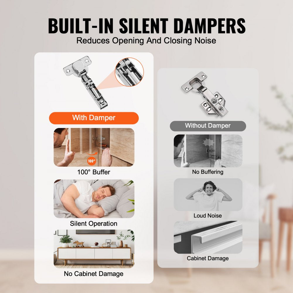 VEVOR Cabinet Hinges, 50 Packs Full Overlay Kitchen Cabinet Door Hinges, 100 Degree Opening Angel Soft Close Concealed Cupboard Hinges for Frameless Cabinet Type, with Mounting Screws