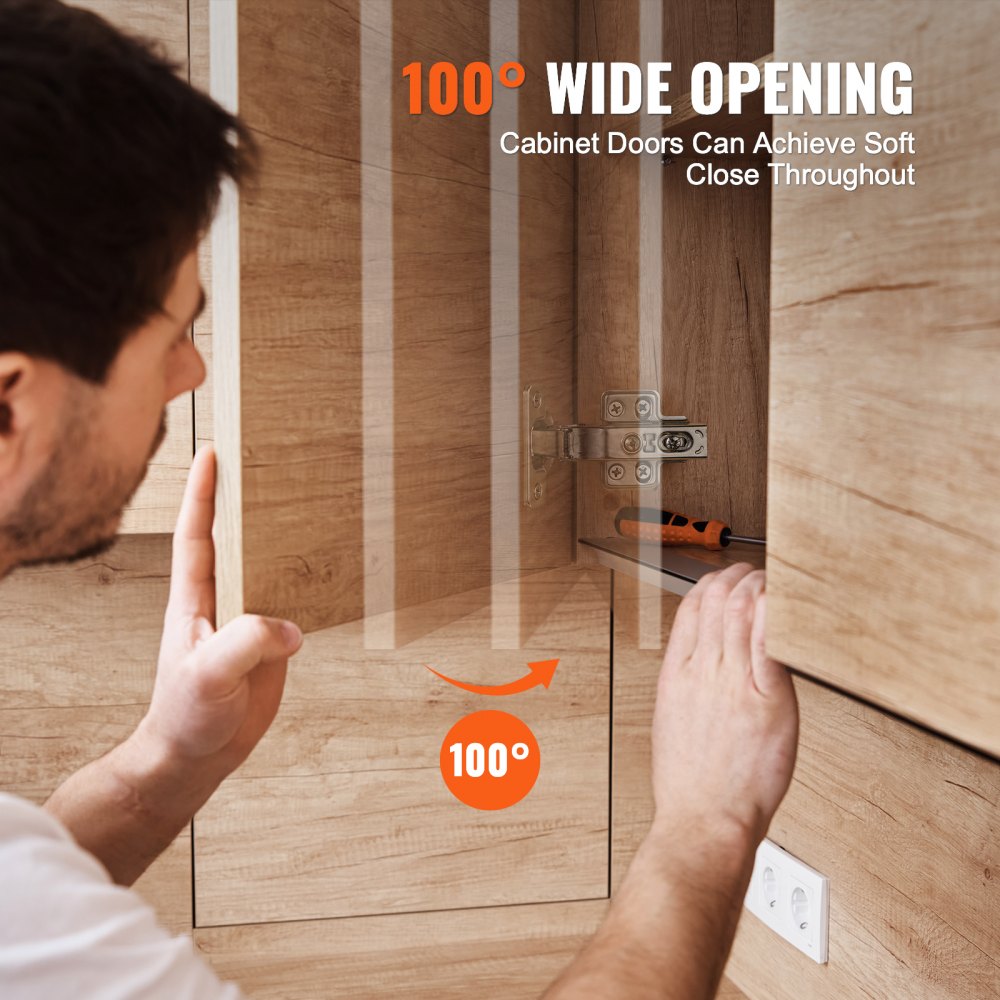 VEVOR Cabinet Hinges, 60 Packs Full Overlay Kitchen Cabinet Door Hinges, 100 Degree Opening Angel Soft Close Concealed Cupboard Hinges for Frameless Cabinet Type, with Mounting Screws