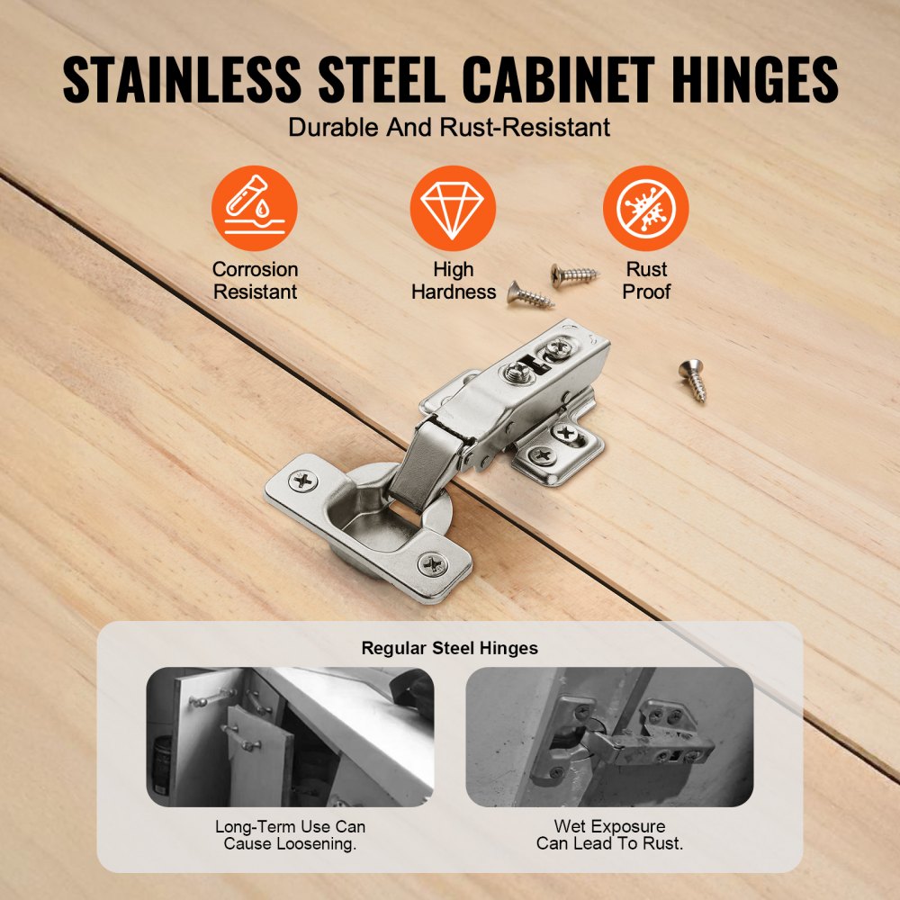VEVOR Cabinet Hinges, 60 Packs Full Overlay Kitchen Cabinet Door Hinges, 100 Degree Opening Angel Soft Close Concealed Cupboard Hinges for Frameless Cabinet Type, with Mounting Screws