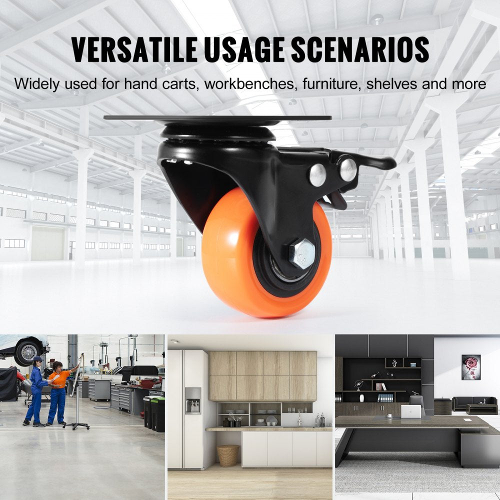 VEVOR Caster Wheels, 2-inch Swivel Plate Casters, Set of 4, with Security Dual Locking No Noise PVC Wheels, Heavy Duty 150 lbs Load Capacity Per Caster, Non-Marking Wheels for Cart Furniture Workbench