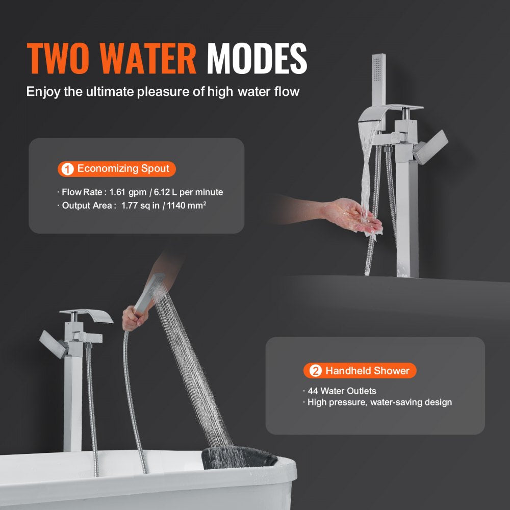 VEVOR Freestanding Bathtub Faucet, Floor Mount, Freestanding Tub Filler, Shower Mixer Taps, Two Water Modes, 360° Swivel Spout, for Bathing & Showering Pet Bathing Cleaning Drains Toilet Flushing