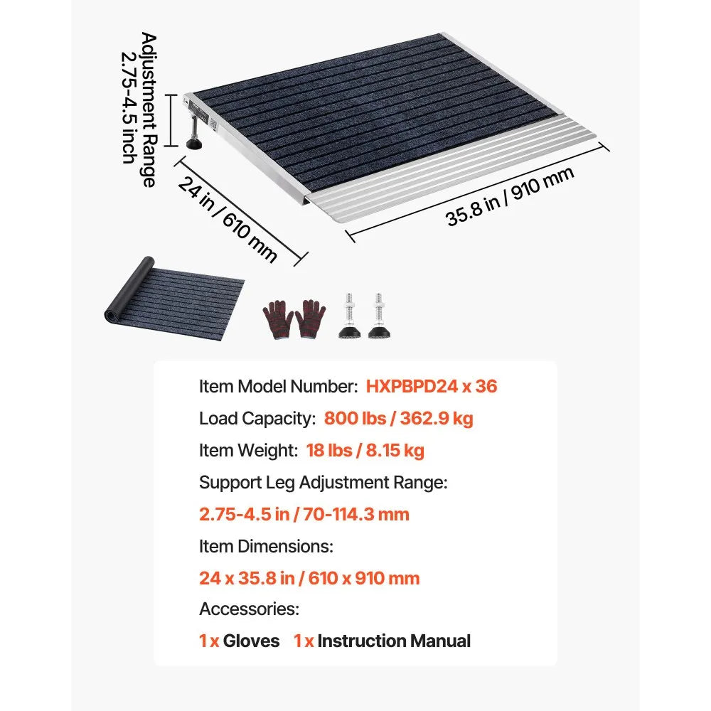 VEVOR Threshold Ramp for Doorways, 24 x 35.8 in, Platform Aluminum Wheelchair Ramp with Adjustable Height, Non-Slip Door Threshold Ramps, 800 lbs Load Capacity, for Home Steps, Wheelchairs, Walkers