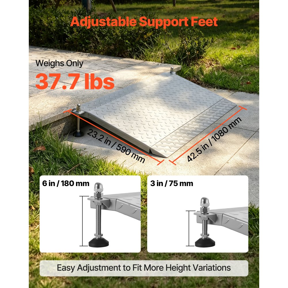 VEVOR Threshold Ramp for Doorways, 42.5 x 23.2 in, Platform Aluminum Wheelchair Ramp with Adjustable Height, Non-Slip Door Threshold Ramps, 1000 lbs Capacity, for Home Steps, Wheelchairs, Walkers