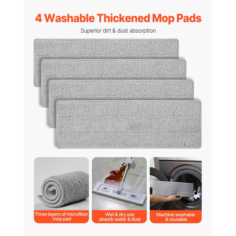VEVOR Flat Mop, Self Wringing, Microfiber Floor Mop with 4 Reusable & Washable Mop Pads for Dry & Wet Floor Cleaning, Microfiber Flat Mop with Stainless Steel Handle for Hardwood Laminate Tile Vinyl