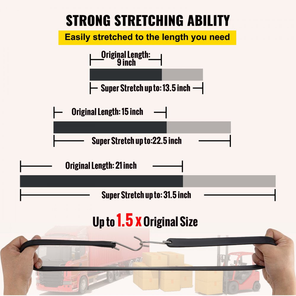 VEVOR Rubber Bungee Cords, 11 Pack 9\", 21 Pack 15\", 21 Pack 21\", Natural Rubber Tie Down Straps with S Hooks, Heavy Duty Assorted Sizes Outdoor Tarp Straps for Securing Flatbed Trailers, Canvases,