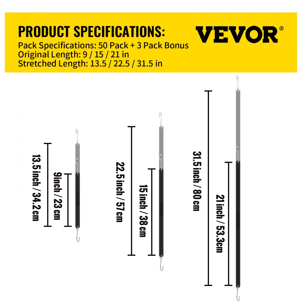VEVOR Rubber Bungee Cords, 11 Pack 9\", 21 Pack 15\", 21 Pack 21\", Natural Rubber Tie Down Straps with S Hooks, Heavy Duty Assorted Sizes Outdoor Tarp Straps for Securing Flatbed Trailers, Canvases,