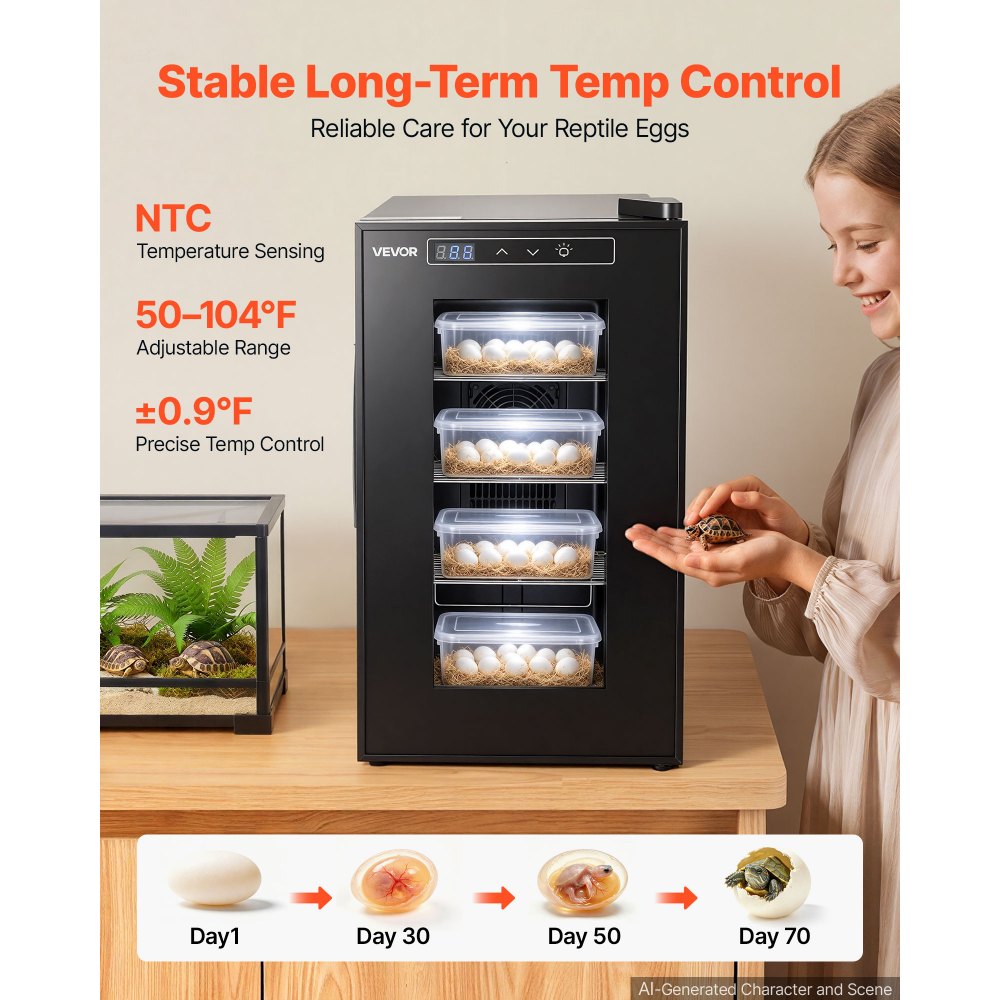 VEVOR Reptile Incubator 23L Digital Egg Incubator with Cooling & Heating, for Small Reptiles Hatching Lizard Snake Turtle Eggs, 50-104°F Temperature Control, LED Display & 3 Detachable Shelves, Black