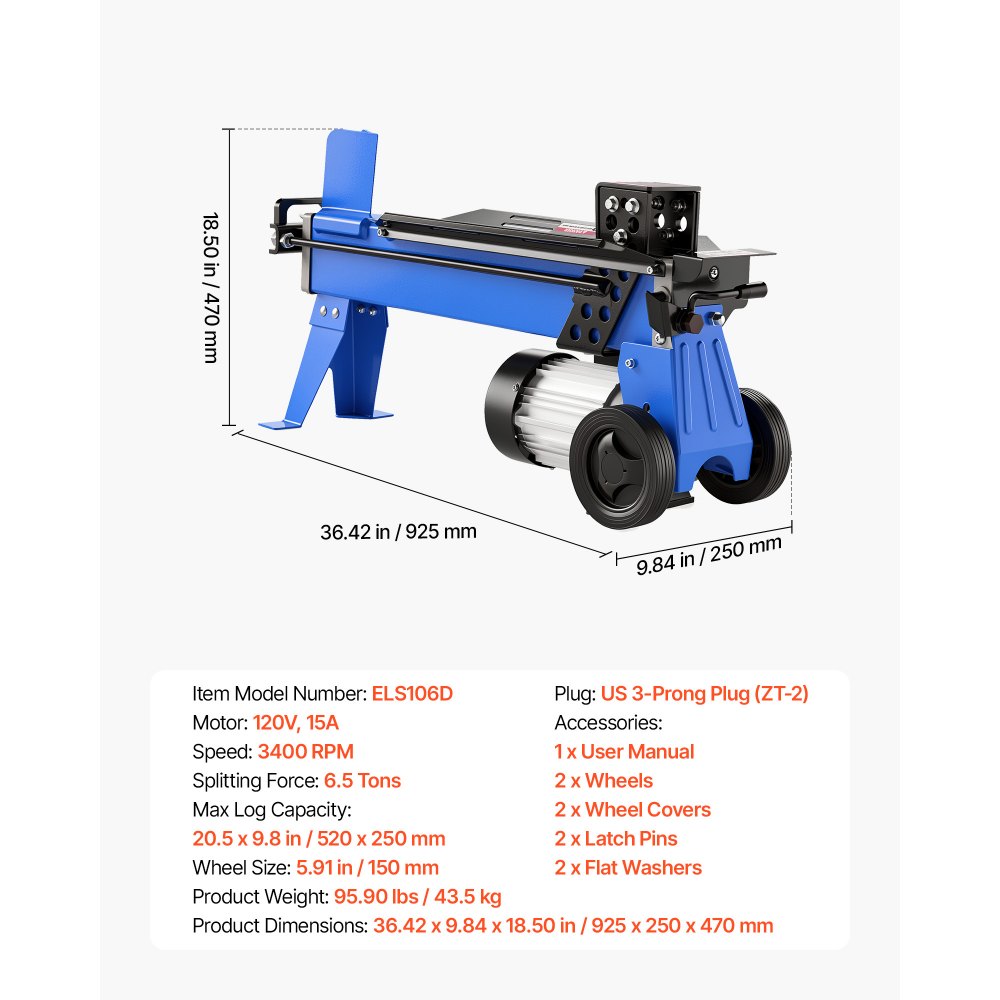 VEVOR Electric Log Splitter 6.5 Ton 15 Amp 1.98 HP Motor Wood Splitter, for Home Yard Forestry Harvesting, Kindling Cutting, 3400 RPM Portable Firewood Splitting Machine with Hydraulic Ram & Wheels