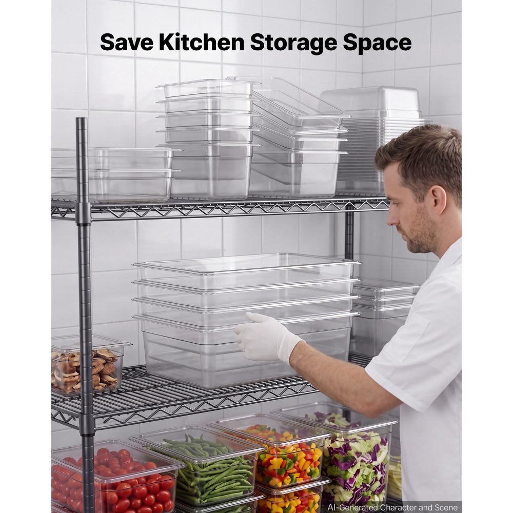 VEVOR 6-Pack Polycarbonate Food Pans, Full Size, 6" Deep, Clear, Prep Table for Restaurants, Buffets, Salad Bars, Commercial Food Storage Containers, Dishwasher Compatible, Stackable, Scale Markings