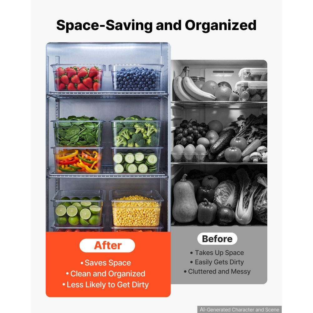 VEVOR 6-Pack Polycarbonate Food Pans, Full Size, 6" Deep, Clear, Prep Table for Restaurants, Buffets, Salad Bars, Commercial Food Storage Containers, Dishwasher Compatible, Stackable, Scale Markings
