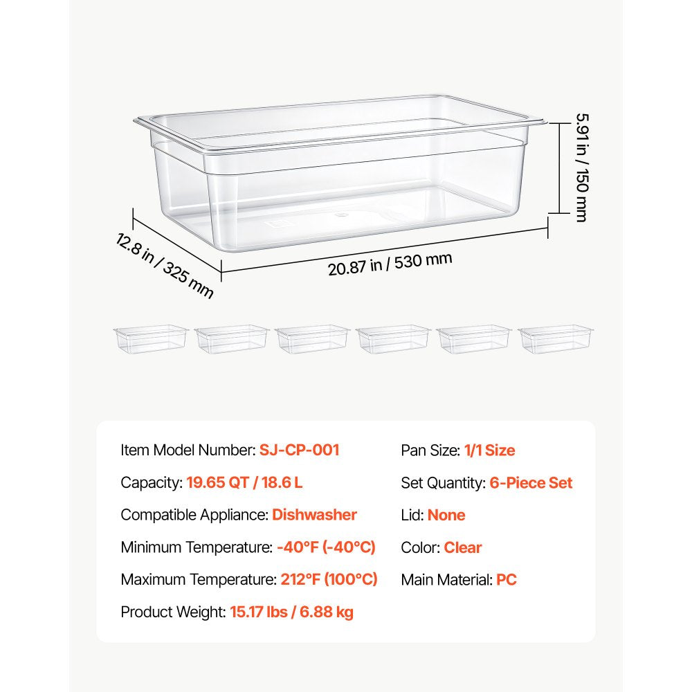 VEVOR 6-Pack Polycarbonate Food Pans, Full Size, 6" Deep, Clear, Prep Table for Restaurants, Buffets, Salad Bars, Commercial Food Storage Containers, Dishwasher Compatible, Stackable, Scale Markings