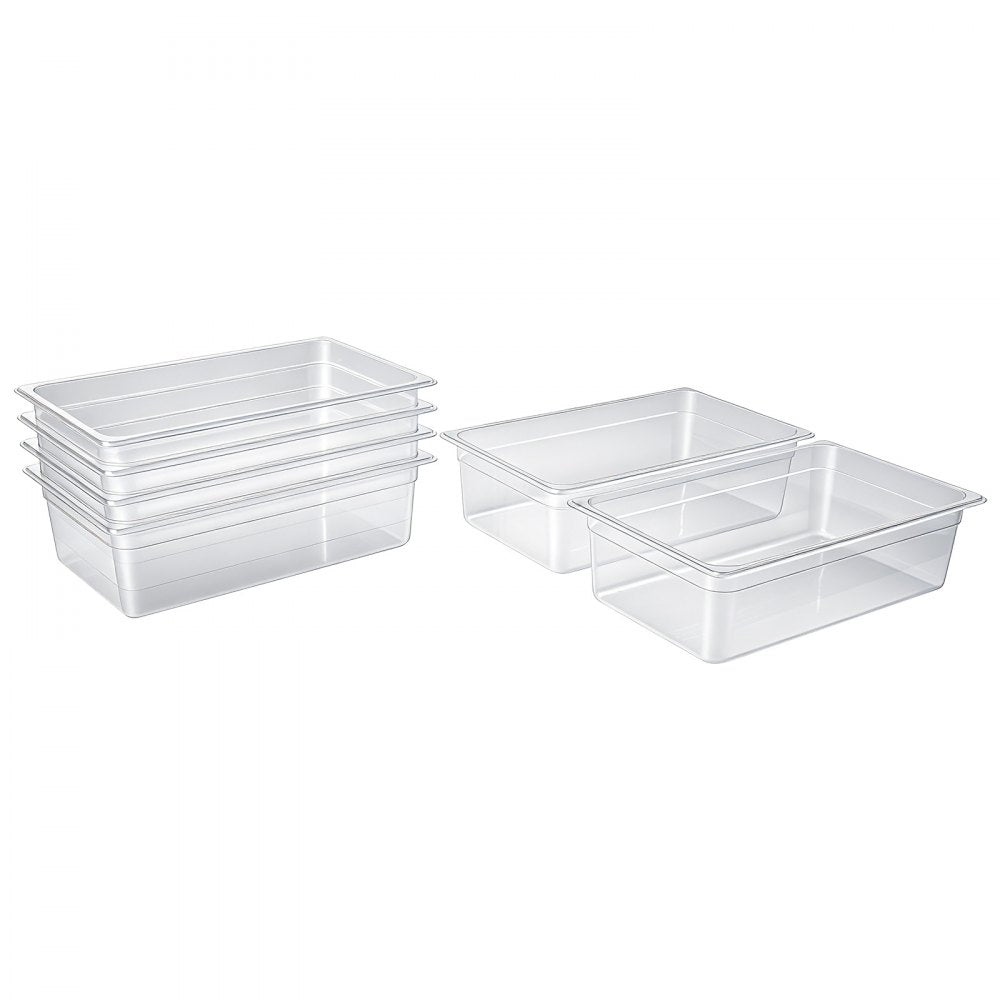 VEVOR 6-Pack Polycarbonate Food Pans, Full Size, 6" Deep, Clear, Prep Table for Restaurants, Buffets, Salad Bars, Commercial Food Storage Containers, Dishwasher Compatible, Stackable, Scale Markings