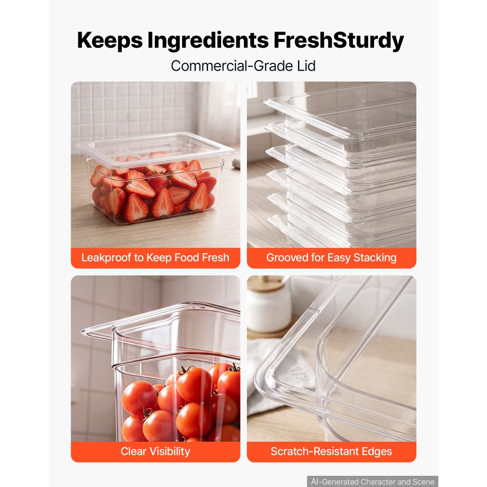 VEVOR 6-Pack Polycarbonate Food Pans, 1/2 Size, 6" Deep, with Lid, Clear, for Restaurants, Buffets and Salad Bars, Commercial Food Storage Containers, Dishwasher Compatible, Stackable, Scale Markings