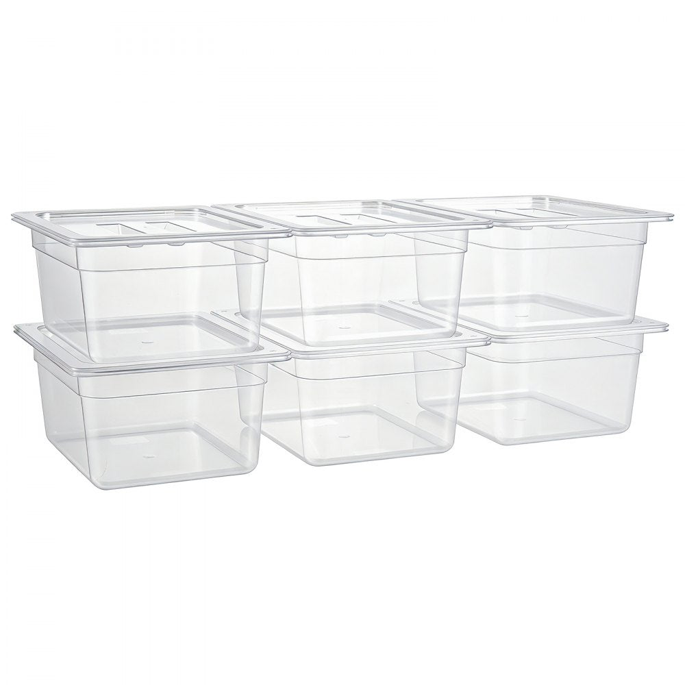 VEVOR 6-Pack Polycarbonate Food Pans, 1/2 Size, 6" Deep, with Lid, Clear, for Restaurants, Buffets and Salad Bars, Commercial Food Storage Containers, Dishwasher Compatible, Stackable, Scale Markings