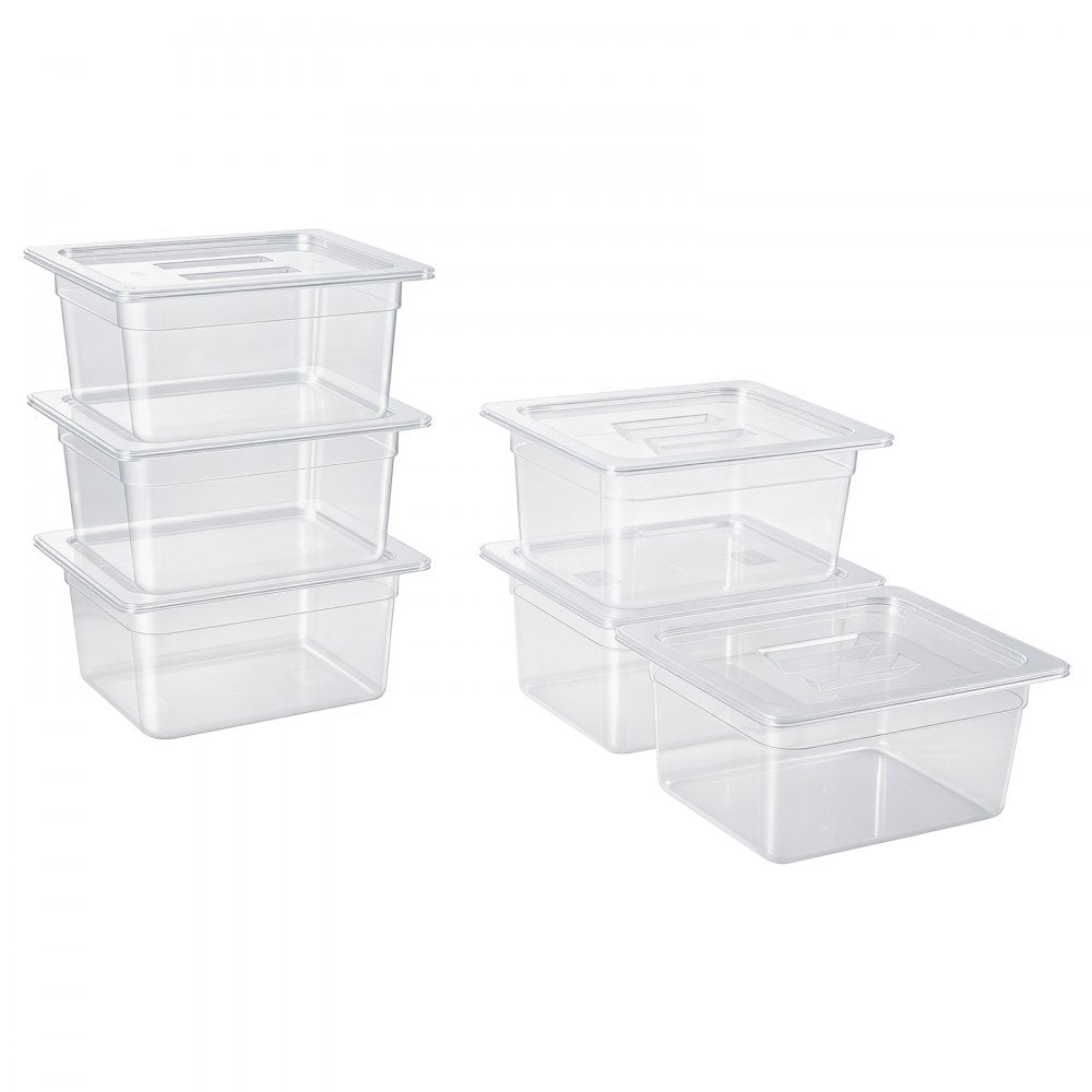 VEVOR 6-Pack Polycarbonate Food Pans, 1/2 Size, 6" Deep, with Lid, Clear, for Restaurants, Buffets and Salad Bars, Commercial Food Storage Containers, Dishwasher Compatible, Stackable, Scale Markings