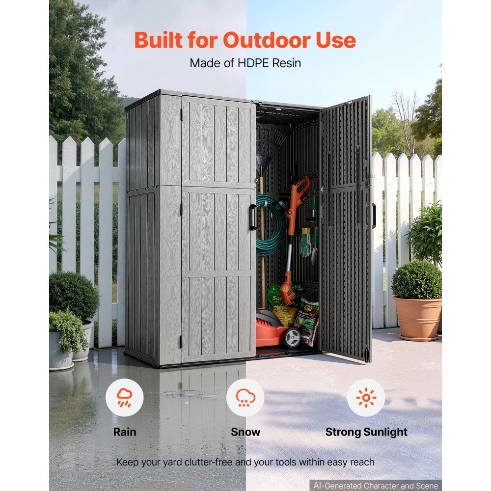VEVOR Outdoor Storage Shed 59 Cu Ft Vertical Resin Storage Cabinet Gray, for Garage, Backyard Patio Accessories and Garden Tools, Waterproof Outside Lawn Mower Shed with Lockable Doors and Floor