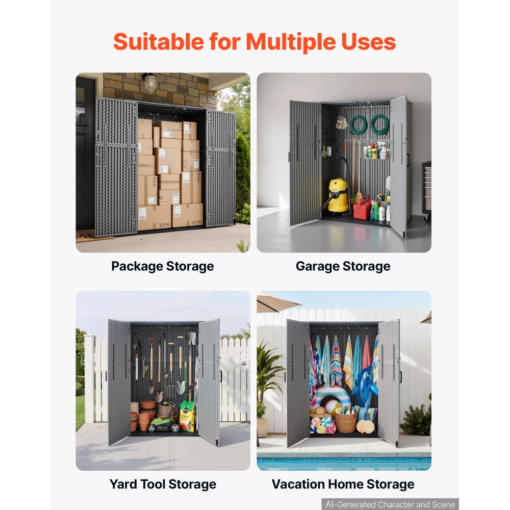 VEVOR Outdoor Storage Shed 59 Cu Ft Vertical Resin Storage Cabinet Gray, for Garage, Backyard Patio Accessories and Garden Tools, Waterproof Outside Lawn Mower Shed with Lockable Doors and Floor