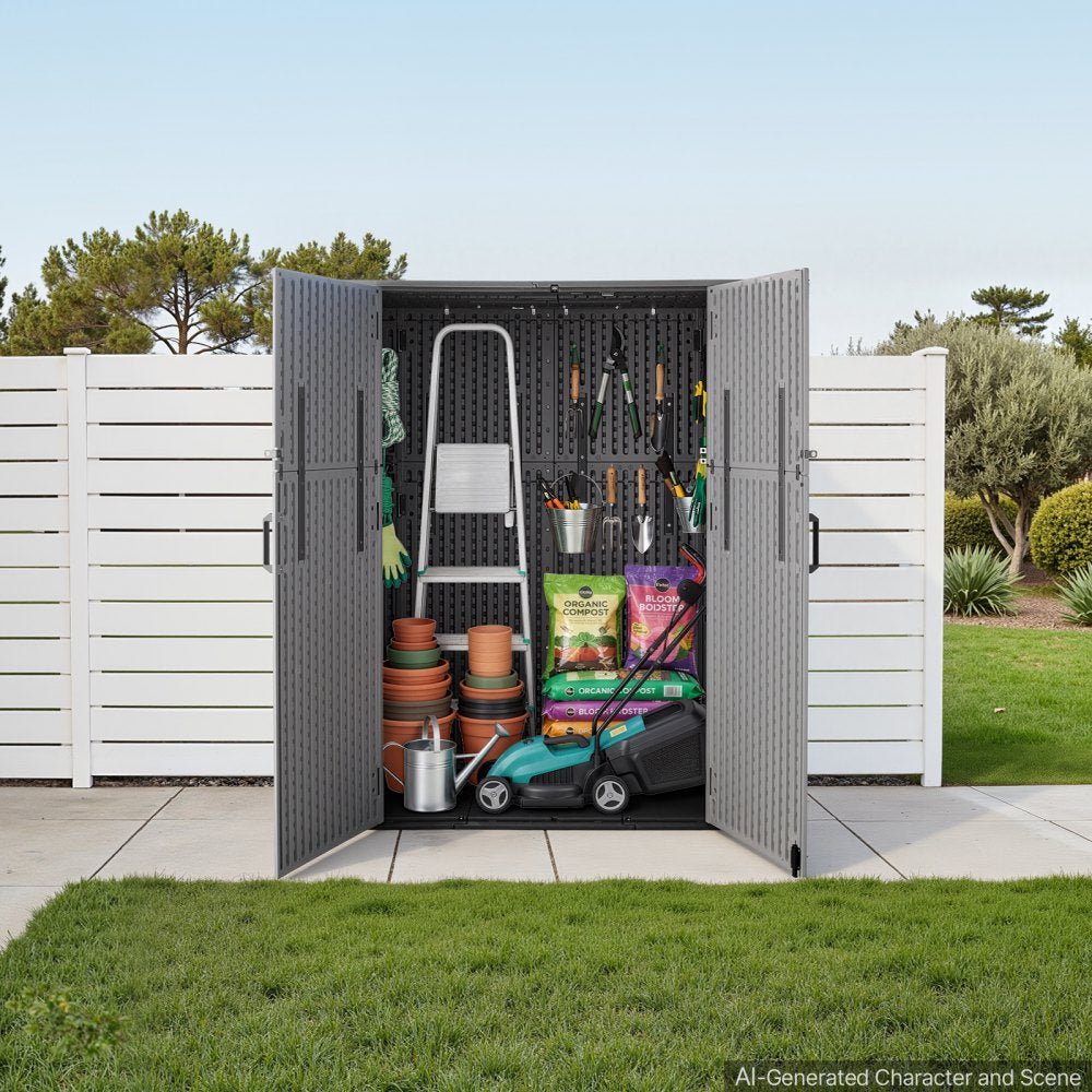 VEVOR Outdoor Storage Shed 59 Cu Ft Vertical Resin Storage Cabinet Gray, for Garage, Backyard Patio Accessories and Garden Tools, Waterproof Outside Lawn Mower Shed with Lockable Doors and Floor