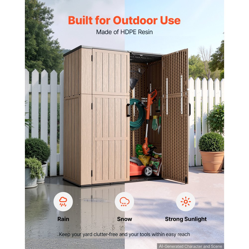VEVOR Outdoor Storage Shed 59 Cu Ft Vertical Resin Storage Cabinet Brown, for Garage, Backyard Patio Accessories and Garden Tools, Waterproof Outside Lawn Mower Shed with Lockable Doors and Floor