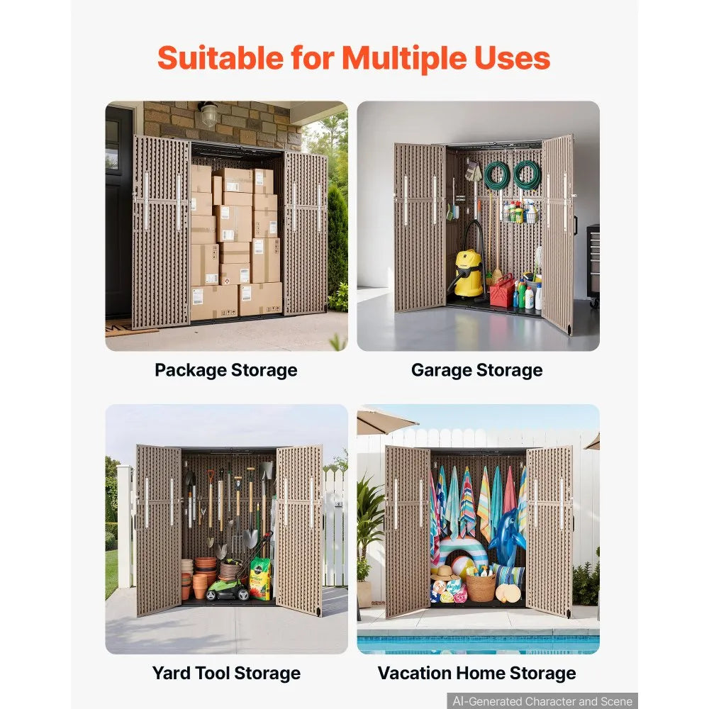 VEVOR Outdoor Storage Shed 59 Cu Ft Vertical Resin Storage Cabinet Brown, for Garage, Backyard Patio Accessories and Garden Tools, Waterproof Outside Lawn Mower Shed with Lockable Doors and Floor
