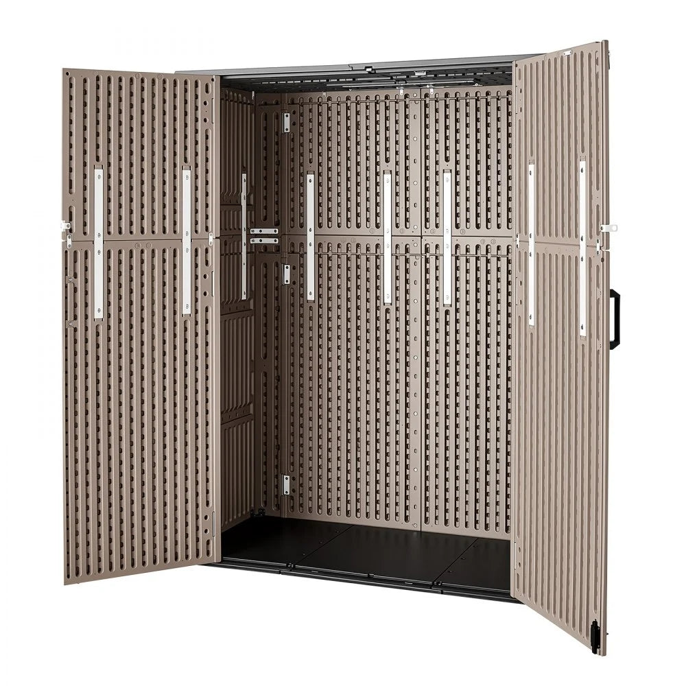 VEVOR Outdoor Storage Shed 59 Cu Ft Vertical Resin Storage Cabinet Brown, for Garage, Backyard Patio Accessories and Garden Tools, Waterproof Outside Lawn Mower Shed with Lockable Doors and Floor