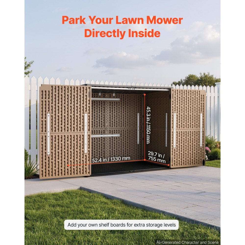 VEVOR Outdoor Storage Shed 48 Cu Ft Horizontal Resin Storage Cabinet Brown, for Garage, Backyard Patio Accessories and Garden Tools, Waterproof Outside Lawn Mower Shed with Lockable Doors and Floor