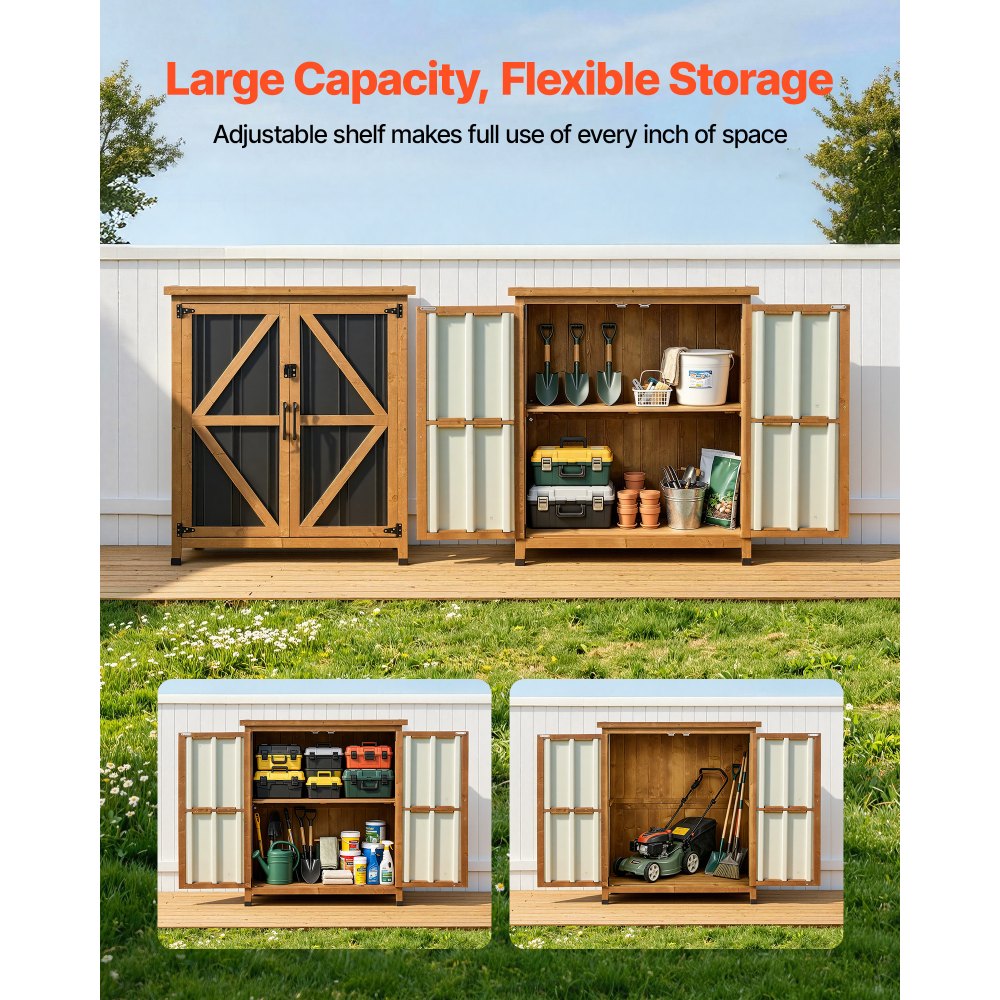 VEVOR Outdoor Storage Shed, 33.86" x 37.4" Wood & Metal Garden Tool Shed with Lockable Doors & Sloped Roof, Waterproof Outside Storage Cabinet with Shelf & Floor for Backyard Patio Lawn, Black/Brown