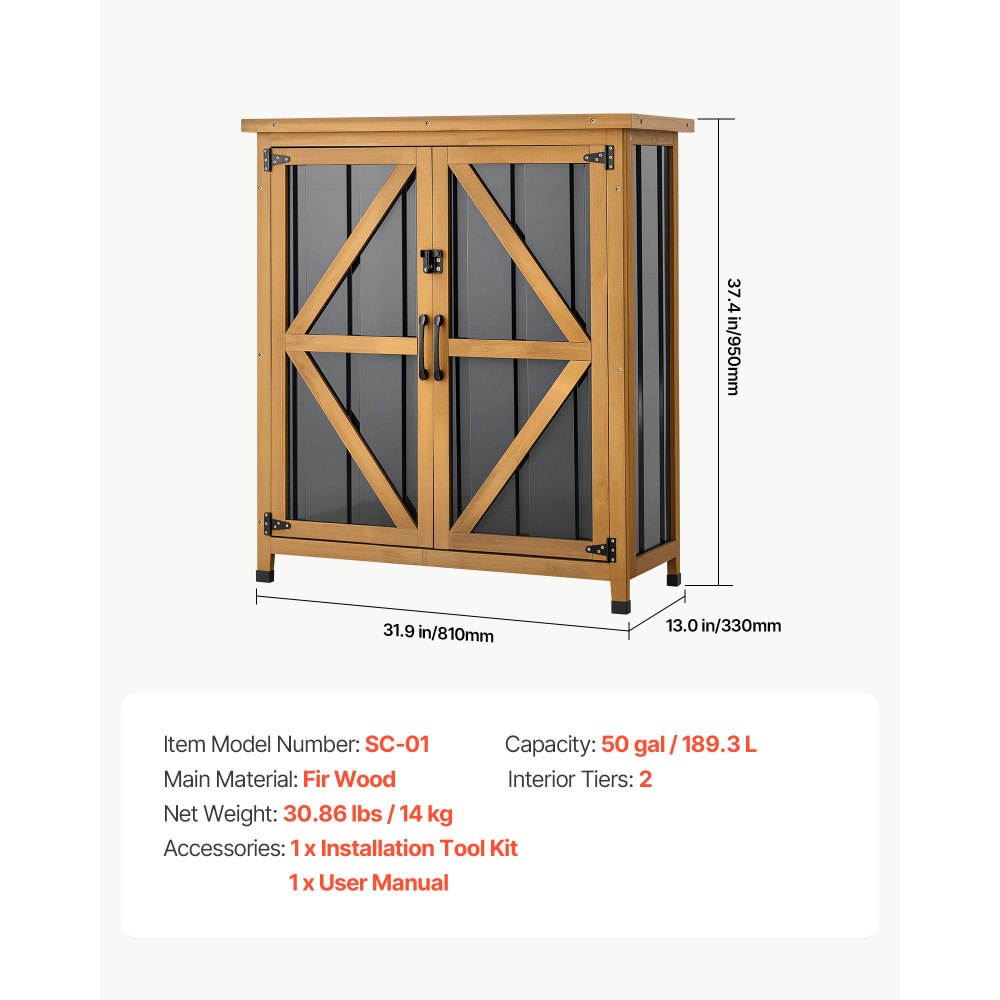 VEVOR Outdoor Storage Shed, 33.86" x 37.4" Wood & Metal Garden Tool Shed with Lockable Doors & Sloped Roof, Waterproof Outside Storage Cabinet with Shelf & Floor for Backyard Patio Lawn, Black/Brown