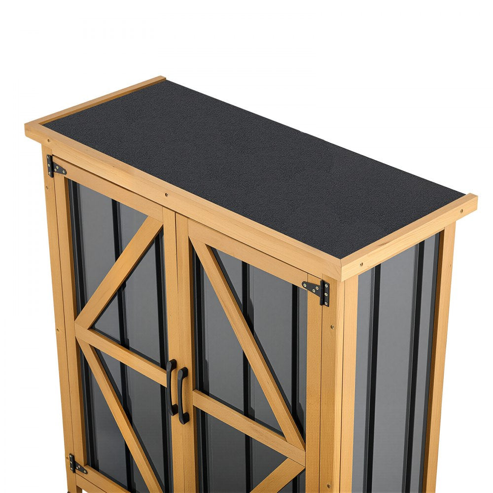 VEVOR Outdoor Storage Shed, 33.86" x 37.4" Wood & Metal Garden Tool Shed with Lockable Doors & Sloped Roof, Waterproof Outside Storage Cabinet with Shelf & Floor for Backyard Patio Lawn, Black/Brown