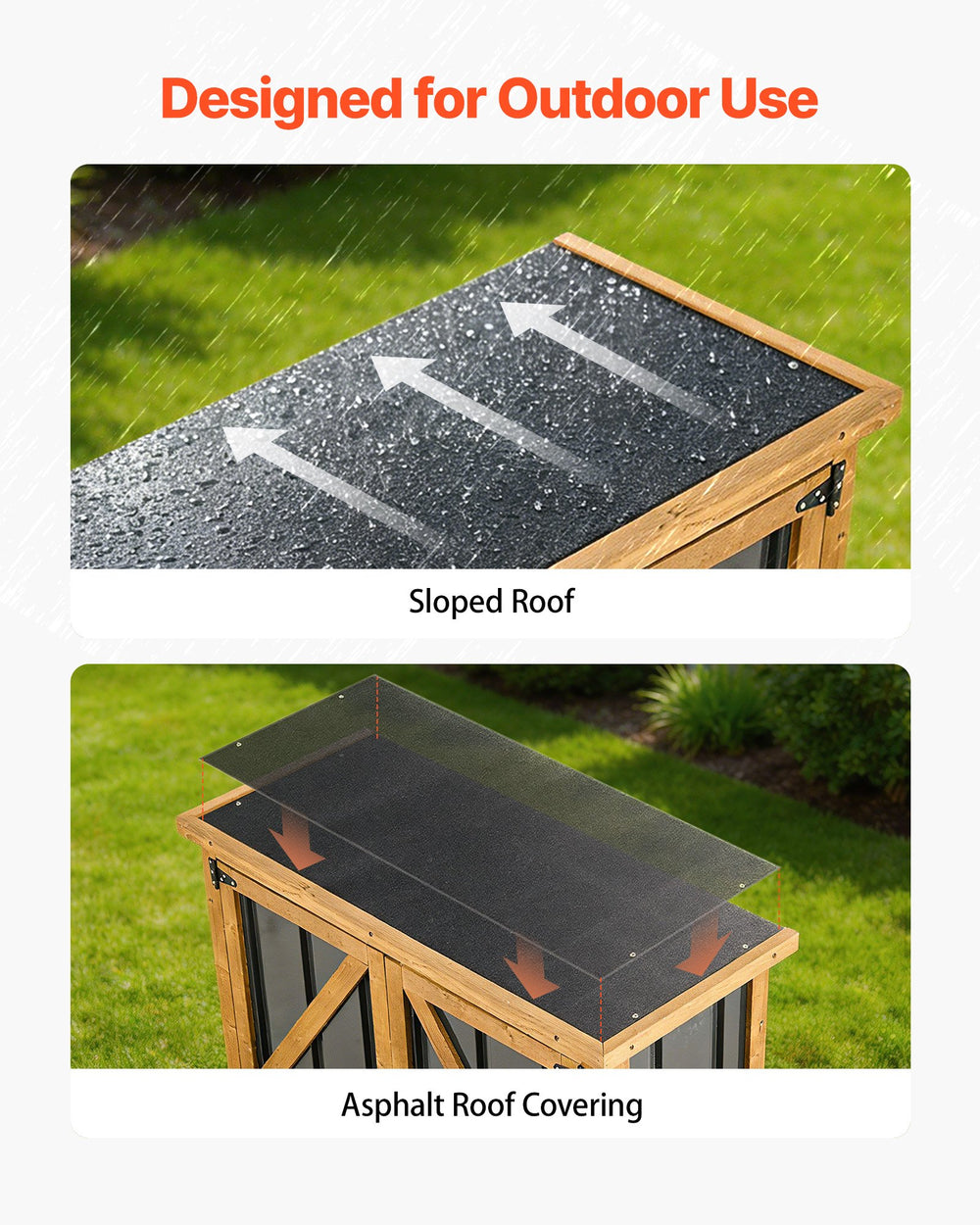 VEVOR Outdoor Storage Shed, 33.86" x 37.4" Wood & Metal Garden Tool Shed with Lockable Doors & Sloped Roof, Waterproof Outside Storage Cabinet with Shelf & Floor for Backyard Patio Lawn, Black/Brown