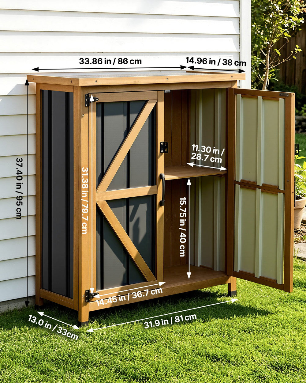 VEVOR Outdoor Storage Shed, 33.86" x 37.4" Wood & Metal Garden Tool Shed with Lockable Doors & Sloped Roof, Waterproof Outside Storage Cabinet with Shelf & Floor for Backyard Patio Lawn, Black/Brown