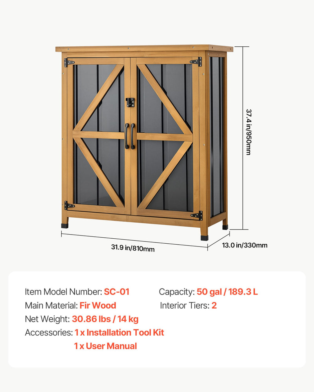 VEVOR Outdoor Storage Shed, 33.86" x 37.4" Wood & Metal Garden Tool Shed with Lockable Doors & Sloped Roof, Waterproof Outside Storage Cabinet with Shelf & Floor for Backyard Patio Lawn, Black/Brown
