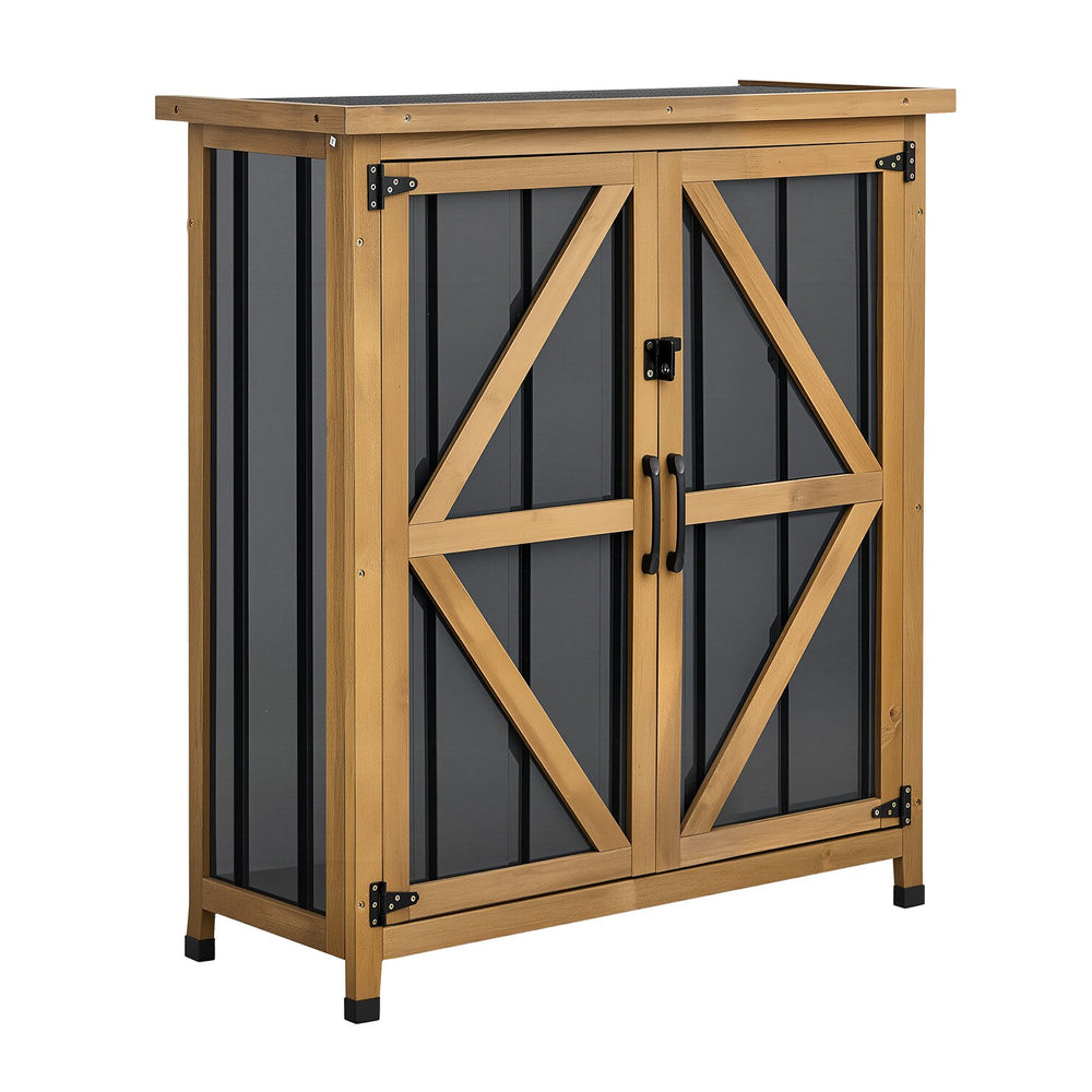 VEVOR Outdoor Storage Shed, 33.86" x 37.4" Wood & Metal Garden Tool Shed with Lockable Doors & Sloped Roof, Waterproof Outside Storage Cabinet with Shelf & Floor for Backyard Patio Lawn, Black/Brown