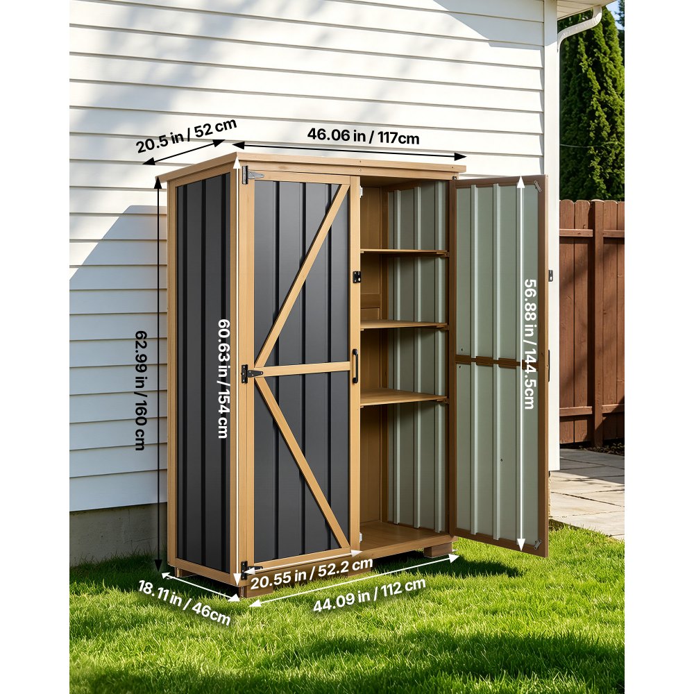 VEVOR Outdoor Storage Shed, 46.06" x 62.99" Wood & Metal Garden Tool Shed with Lockable Doors & Sloped Roof, Waterproof Outside Storage Cabinet with Shelves/Floor for Backyard Patio Lawn, Black/Brown