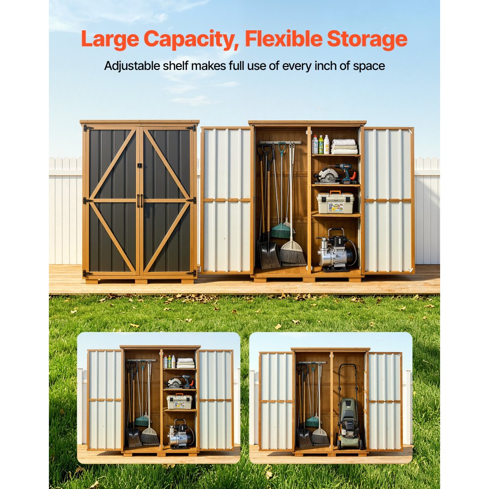 VEVOR Outdoor Storage Shed, 46.06" x 62.99" Wood & Metal Garden Tool Shed with Lockable Doors & Sloped Roof, Waterproof Outside Storage Cabinet with Shelves/Floor for Backyard Patio Lawn, Black/Brown