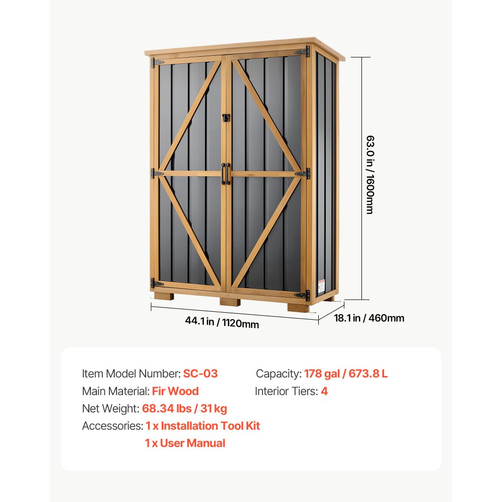 VEVOR Outdoor Storage Shed, 46.06" x 62.99" Wood & Metal Garden Tool Shed with Lockable Doors & Sloped Roof, Waterproof Outside Storage Cabinet with Shelves/Floor for Backyard Patio Lawn, Black/Brown