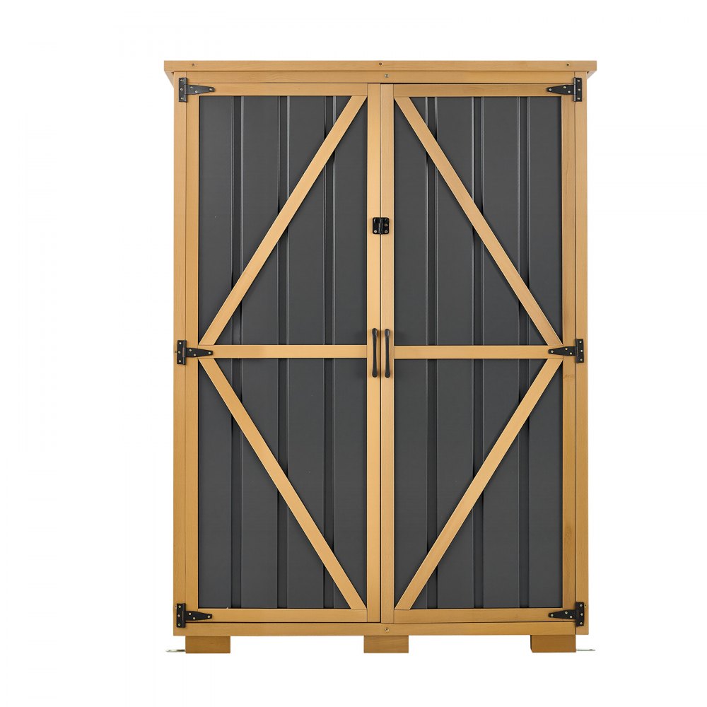 VEVOR Outdoor Storage Shed, 46.06" x 62.99" Wood & Metal Garden Tool Shed with Lockable Doors & Sloped Roof, Waterproof Outside Storage Cabinet with Shelves/Floor for Backyard Patio Lawn, Black/Brown