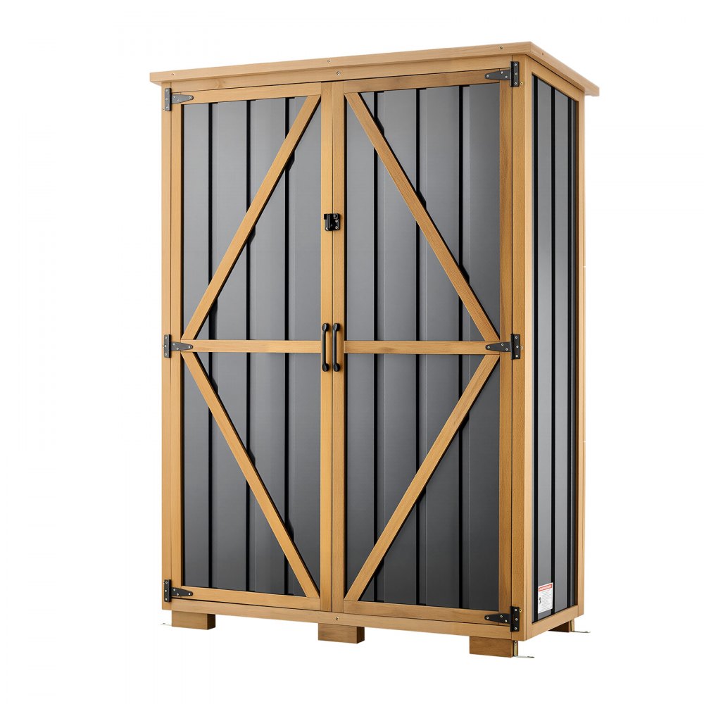 VEVOR Outdoor Storage Shed, 46.06" x 62.99" Wood & Metal Garden Tool Shed with Lockable Doors & Sloped Roof, Waterproof Outside Storage Cabinet with Shelves/Floor for Backyard Patio Lawn, Black/Brown